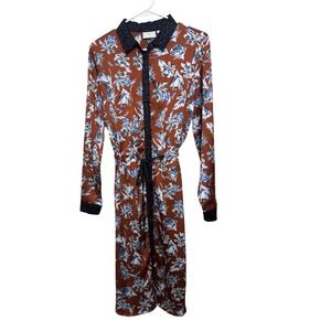 KAFFE Brown Floral Button‎ Up Shirt Dress with Black Polka Dot Collar Cuffs